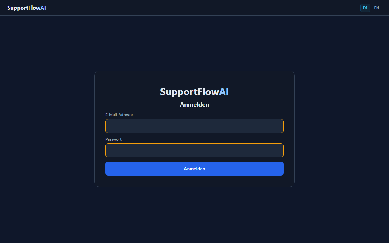 Screenshot: Login-Seite von SupportFlowAI nach abgeschlossenem Setup
