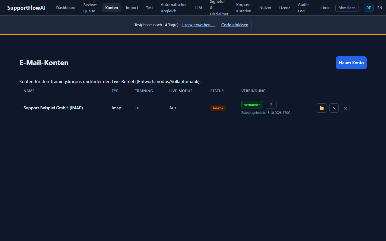 Screenshot: Kontoliste mit Status Inaktiv