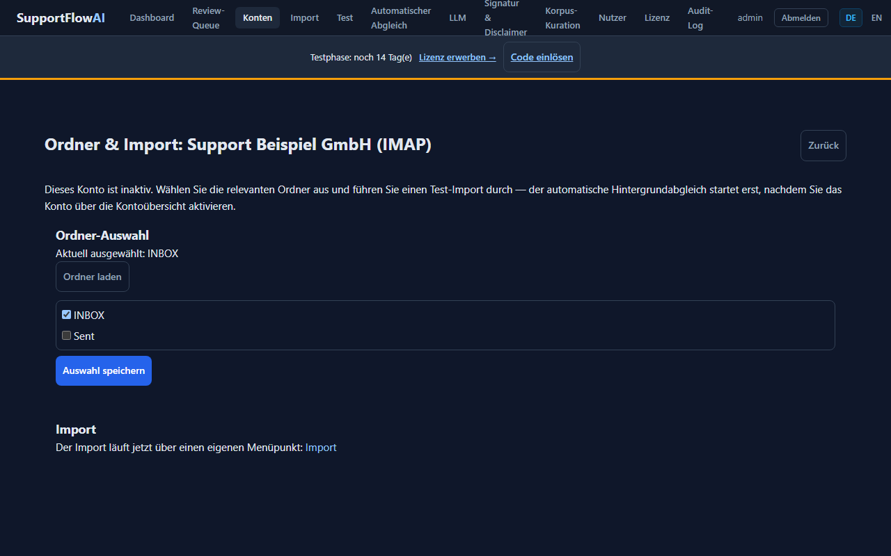 Screenshot: Ordner-Browser des E-Mail-Kontos, live geladen