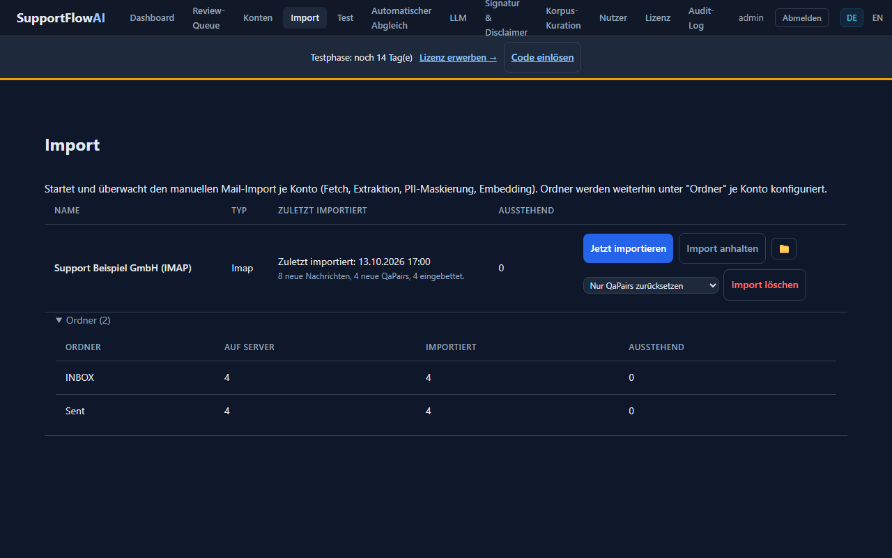 Screenshot: Import-Seite mit Ordner-Detailtabelle INBOX und Sent