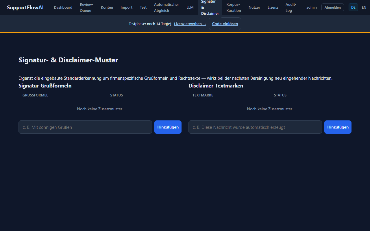 Screenshot: Seite Signatur- & Disclaimer-Muster im Ausgangszustand