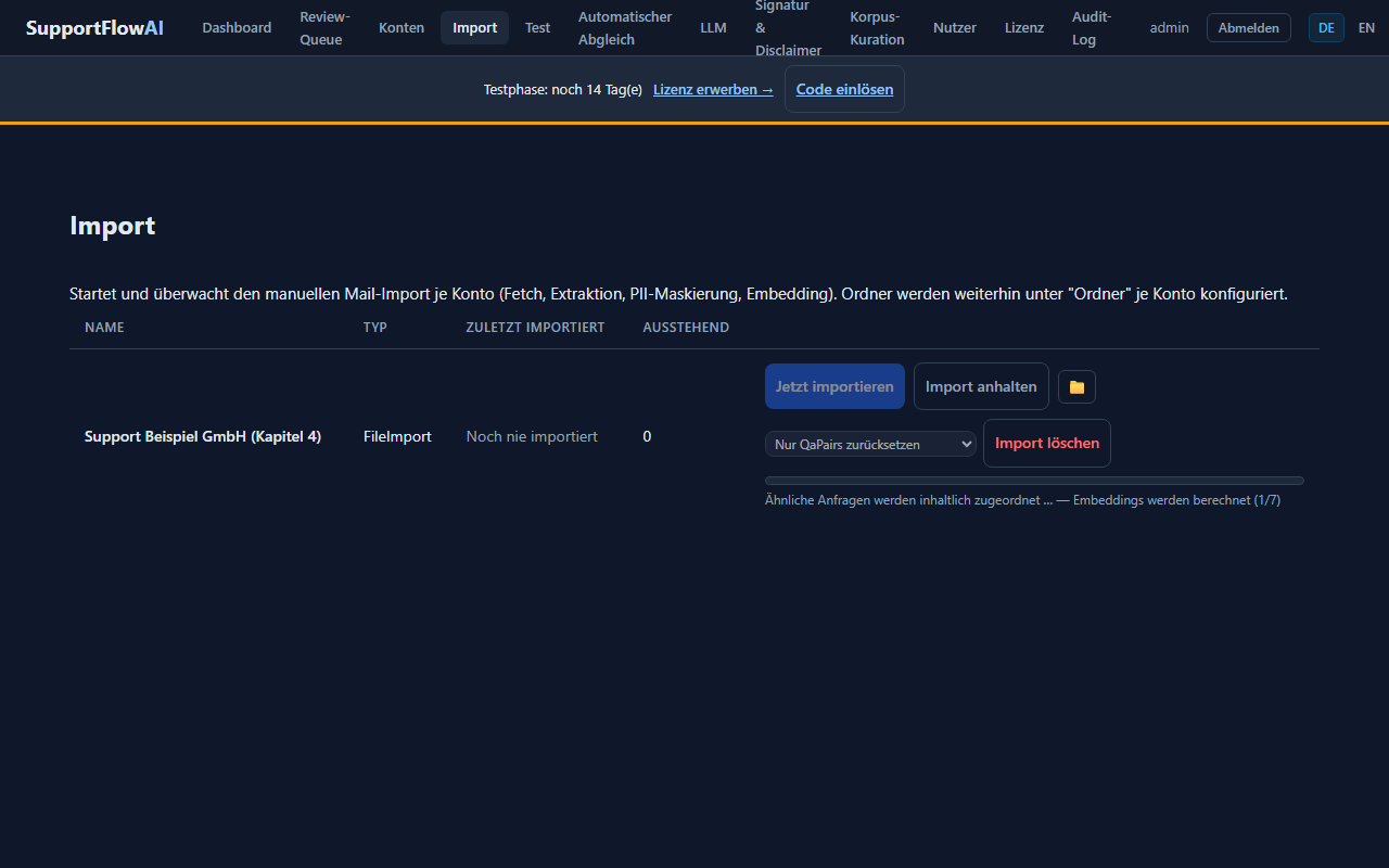 Screenshot: Import-Seite mit laufender Fortschrittsanzeige