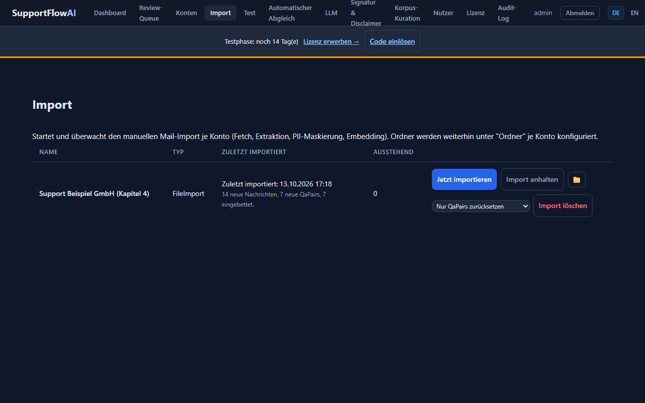 Screenshot: Import-Seite nach Abschluss mit Reset-Scope-Auswahl