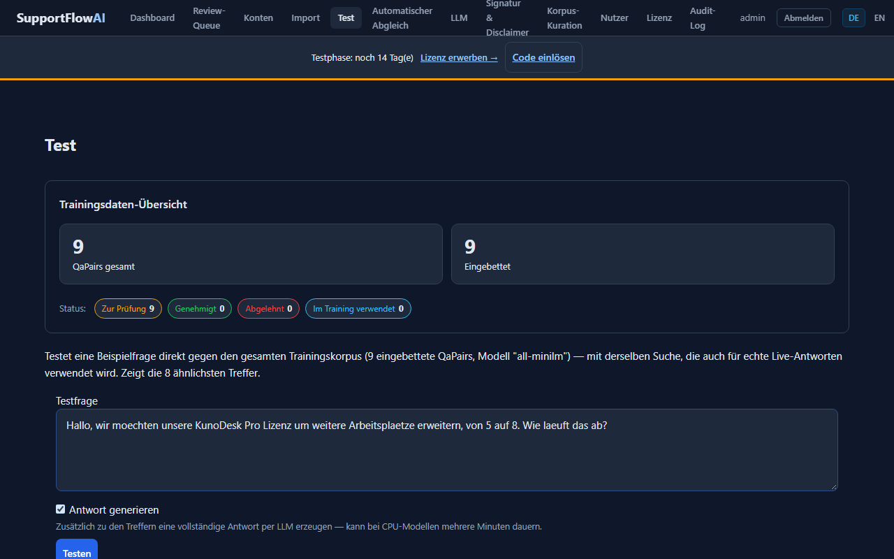 Screenshot: Testfrage-Eingabe unter /Admin/Test