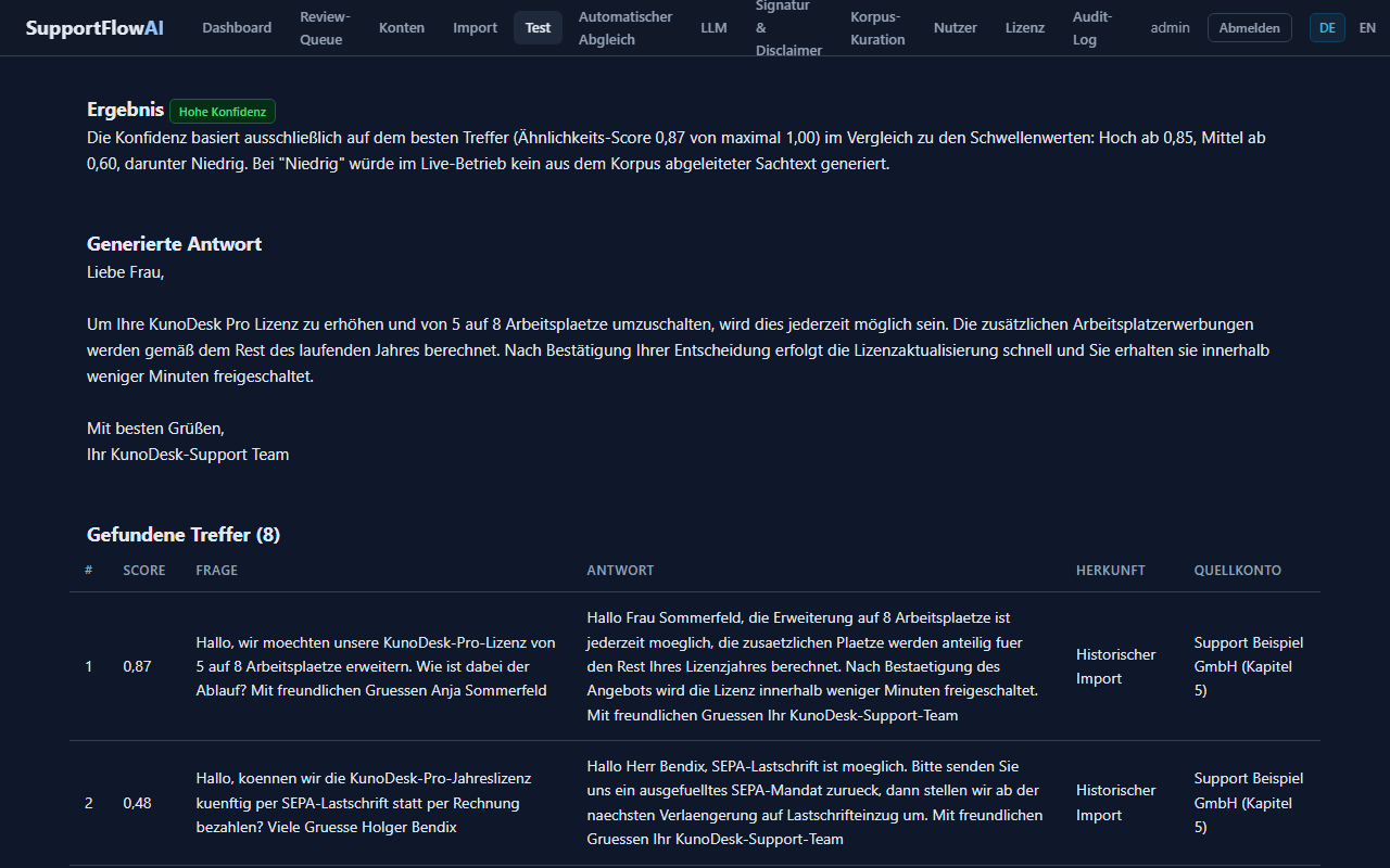 Screenshot: Konfidenz-Score und generierte Antwort zur Testfrage