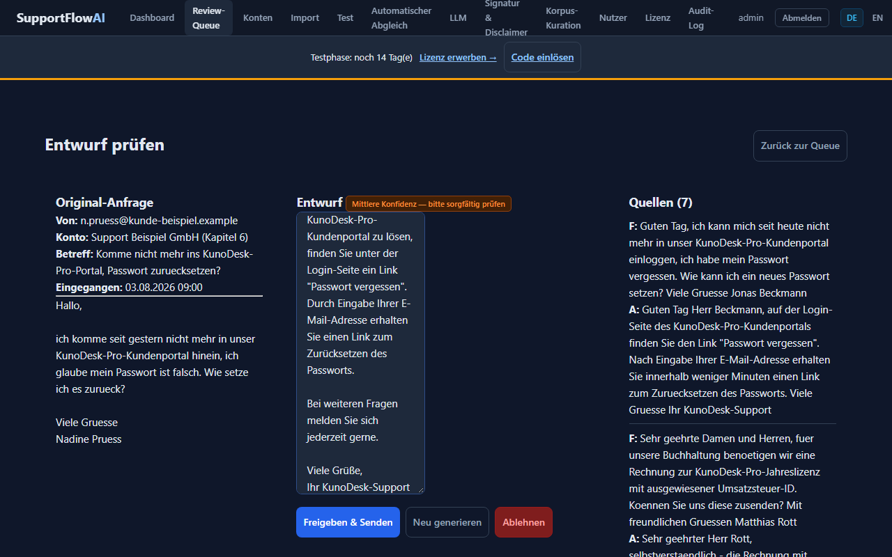 Screenshot: Entwurf bearbeitet, Button Freigeben und Senden bereit