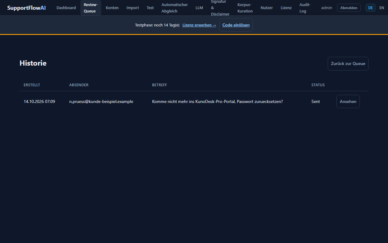 Screenshot: Versandhistorie unter /Review/Sent, Status Sent